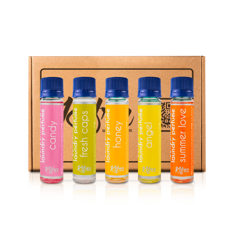 Kifra Confezione regalo - Profumo concentrato per bucato a lunga durata, 5 flaconcini con le profumazioni:Fresh Caps , Angel , Candy , Summer Love, Honey 125ml Pack IV - Immagine 2