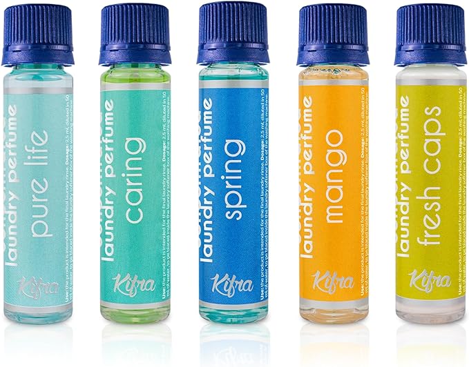 Kifra Confezione regalo - Profumo concentrato per bucato a lunga durata, 5 flaconcini con le profumazioni: Spring, Fresh Caps, Mango, Pure Life, Caring, 125 ml Pack II - Immagine 3
