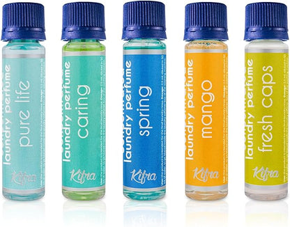 Kifra Confezione regalo - Profumo concentrato per bucato a lunga durata, 5 flaconcini con le profumazioni: Spring, Fresh Caps, Mango, Pure Life, Caring, 125 ml Pack II - Immagine 3