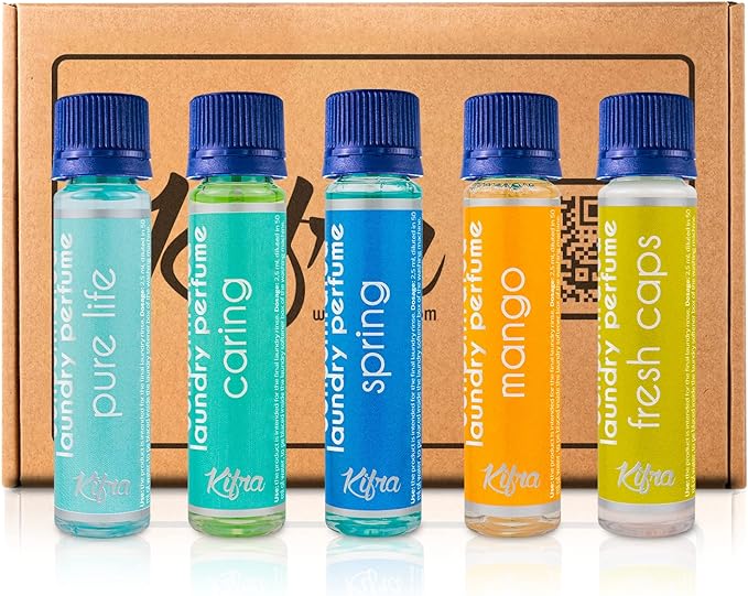 Kifra Confezione regalo - Profumo concentrato per bucato a lunga durata, 5 flaconcini con le profumazioni: Spring, Fresh Caps, Mango, Pure Life, Caring, 125 ml Pack II - Immagine 2