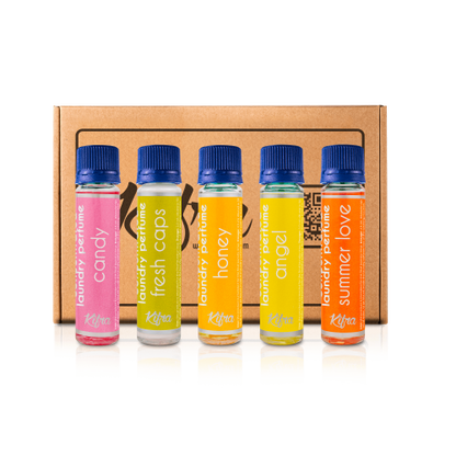 Kifra Confezione regalo - Profumo concentrato per bucato a lunga durata, 5 flaconcini con le profumazioni:Fresh Caps , Angel , Candy , Summer Love, Honey  125ml Pack IV - Immagine 2