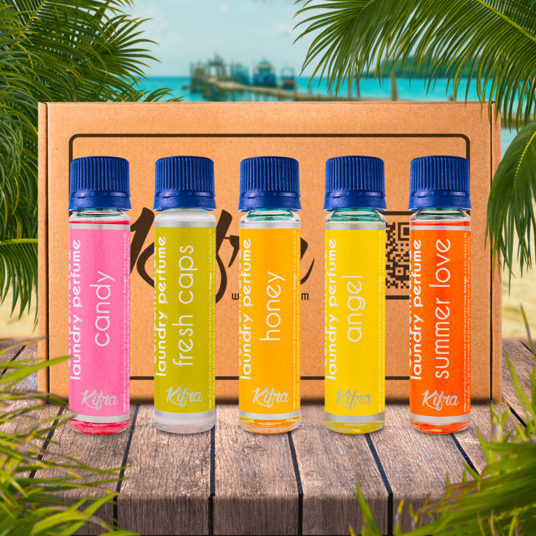 Kifra Confezione regalo - Profumo concentrato per bucato a lunga durata, 5 flaconcini con le profumazioni:Fresh Caps , Angel , Candy , Summer Love, Honey  125ml Pack IV